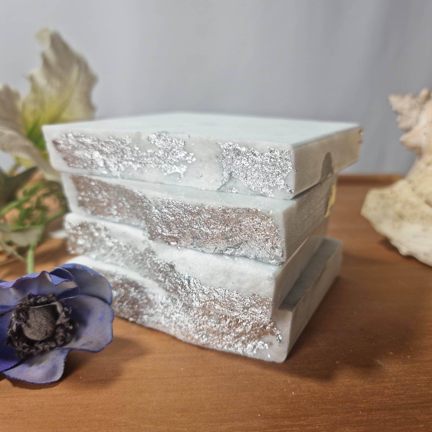 marble coaster with silver leaf sides