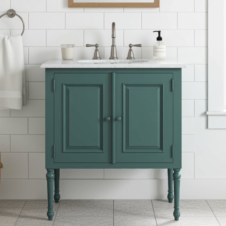 Teal bathroom vanity with white countertop and sink against a tiled wall.