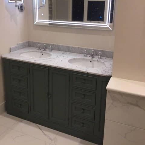 large 8 drawer double sink bathroom vanity unit with white marble counter top