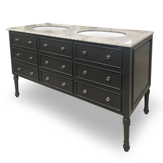 black vanity unit with gold knobs