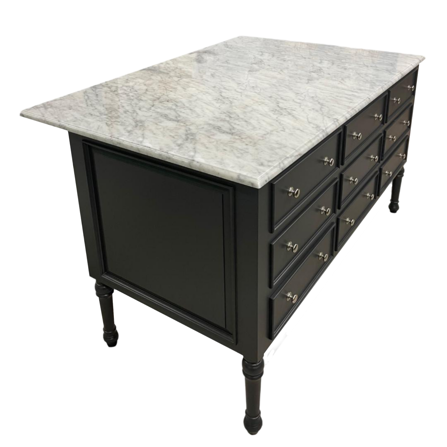 Black kitchen island with marble countertop on white background