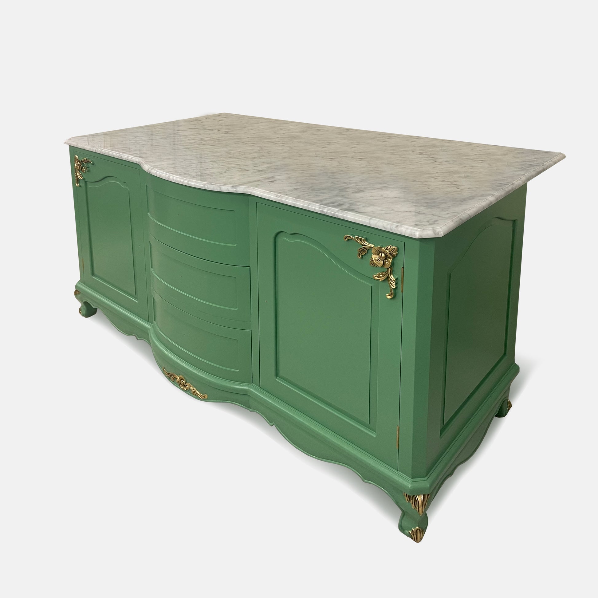 Green sideboard with marble top on a white background