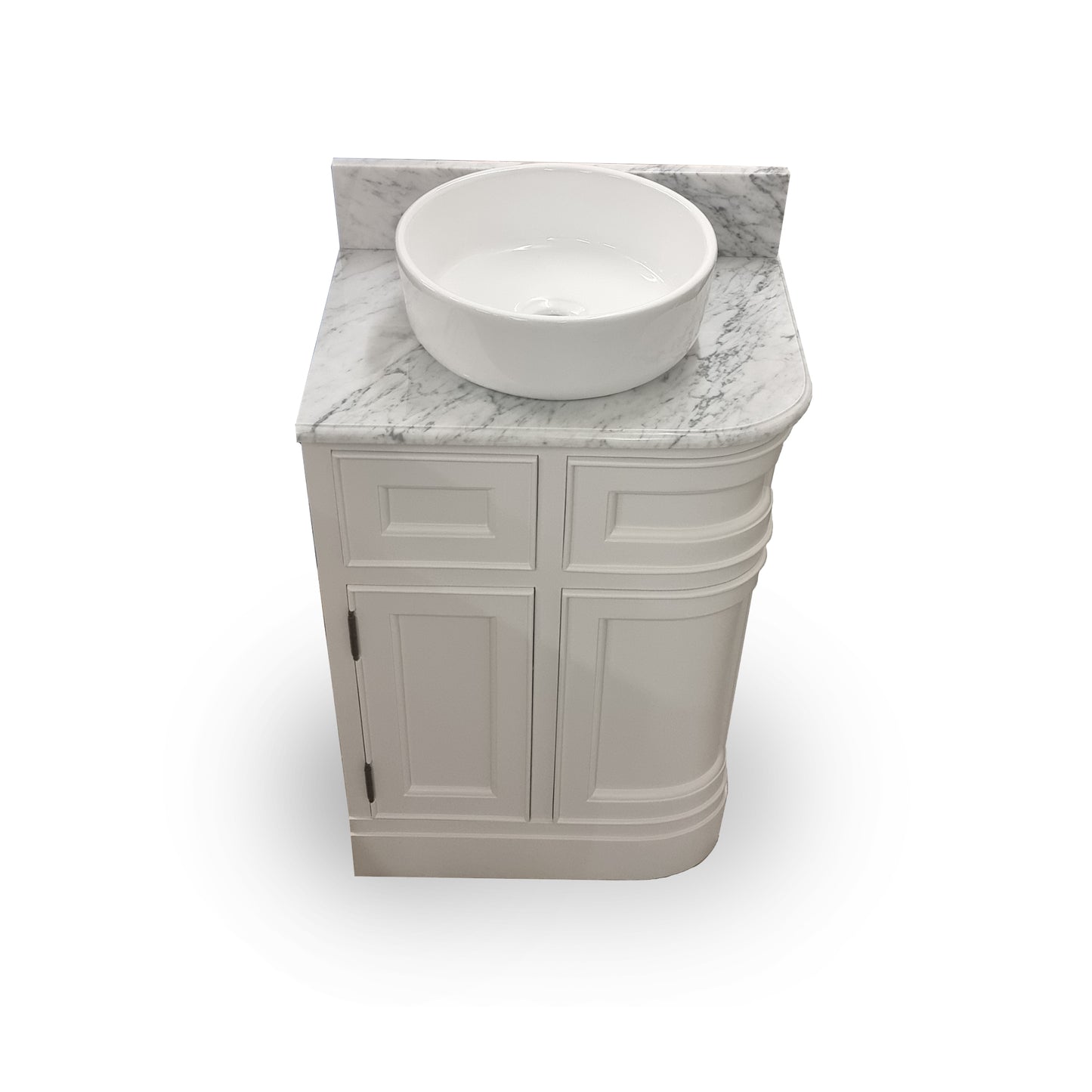 Bathroom vanity with marble countertop and white basin on a white background