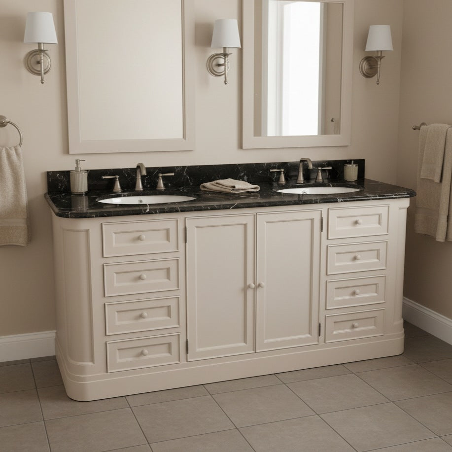 Bathroom vanity with black marble countertop, mirrors, and lighting fixtures.