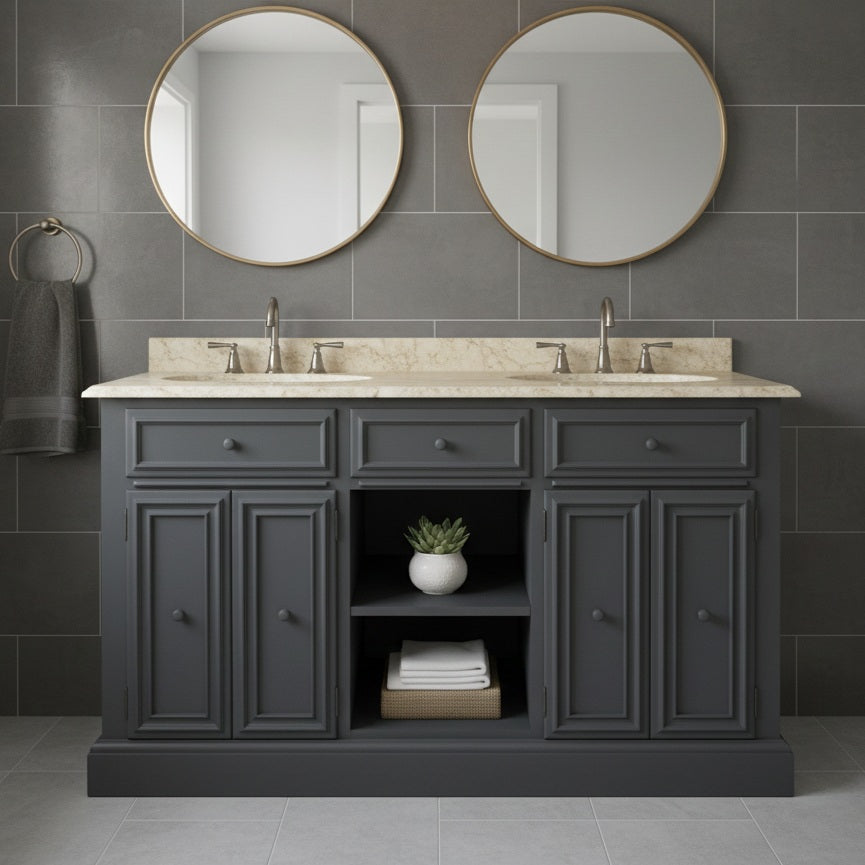 Bathroom vanity with two round mirrors on a tiled wall.