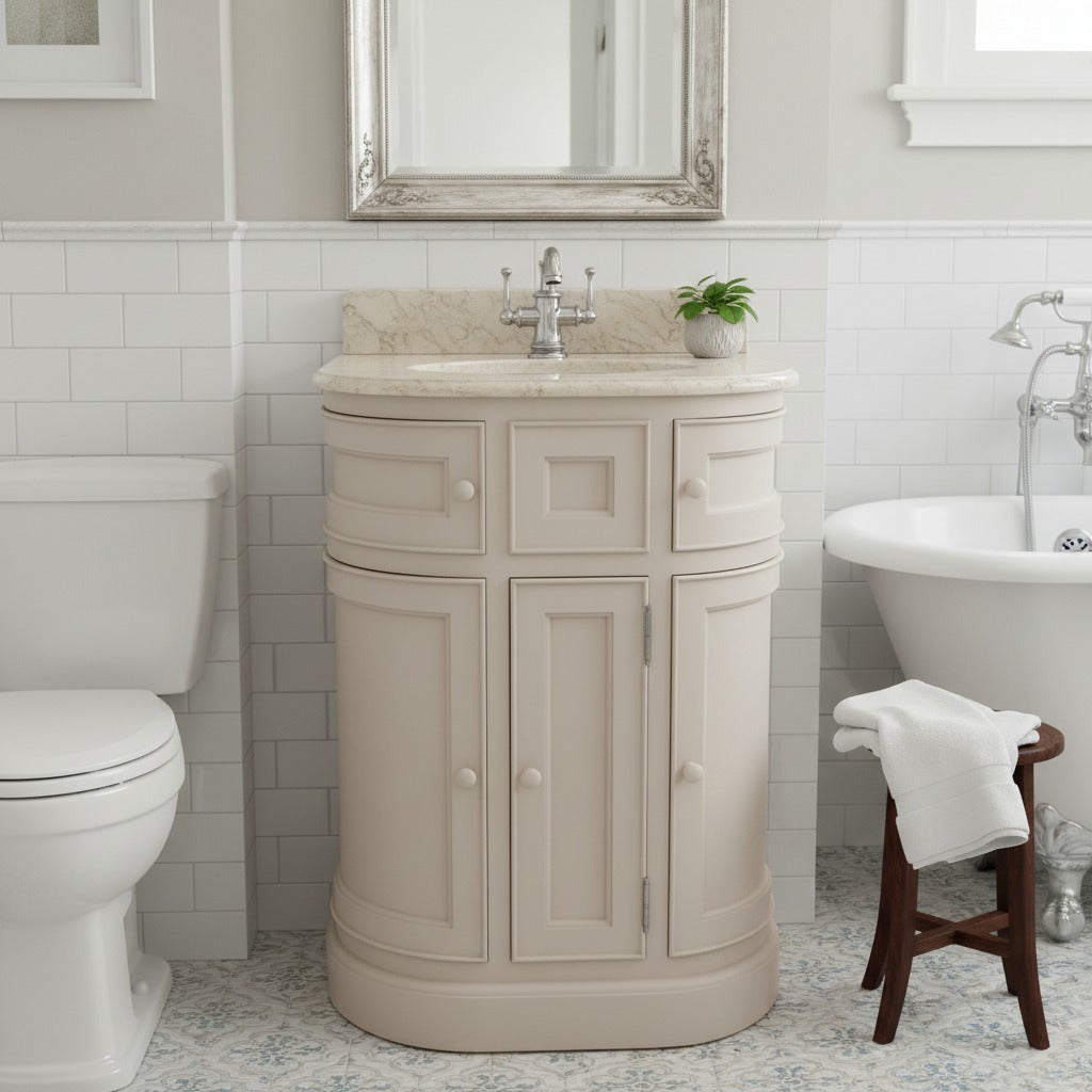 Beige vanity unit in a bathroom with a mirror, toilet, and sink.