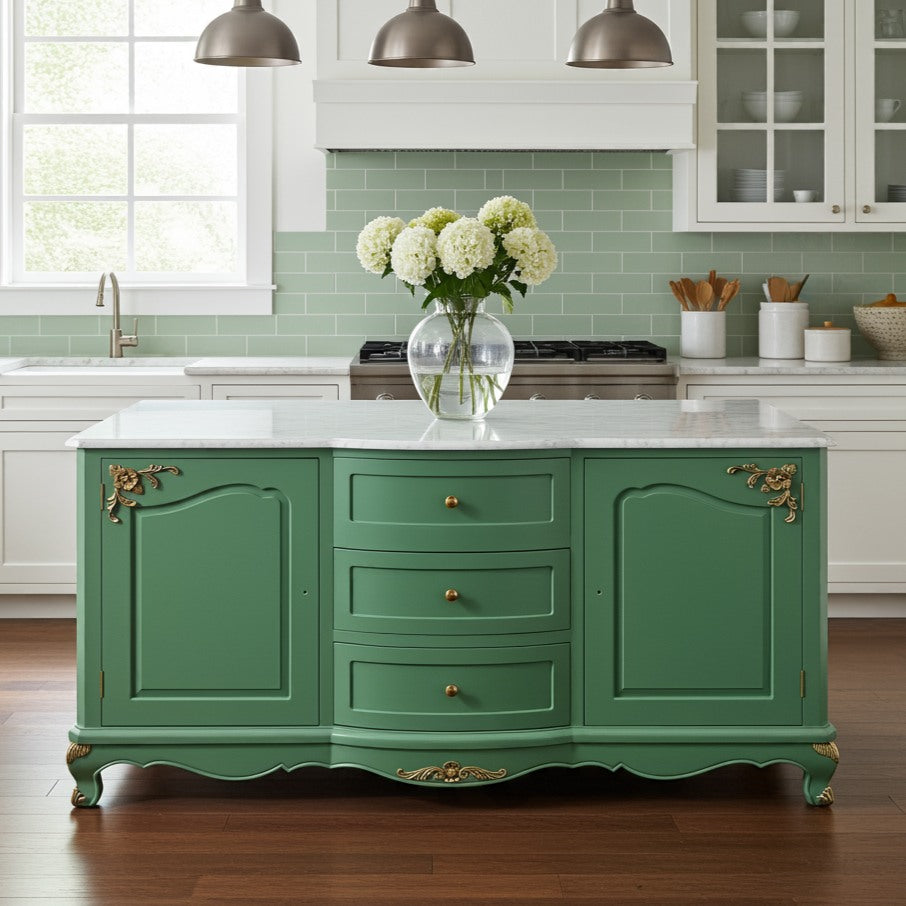 Green kitchen island with white flowers in a vase, set against a green tiled wall.