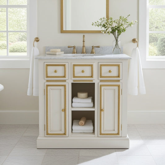 Bathroom vanity with marble countertop, gold fixtures, and decorative elements.