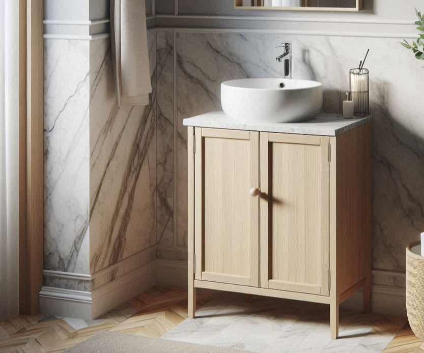 Bathroom with wooden vanity, sink, and decorative elements.