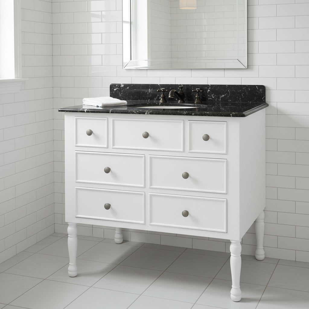 White bathroom vanity with black marble countertop against a tiled wall.