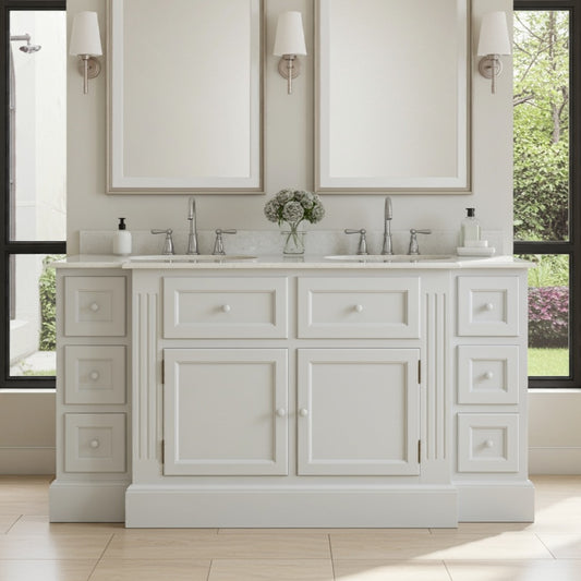 White bathroom vanity with mirrors and decorative elements in a bright room.