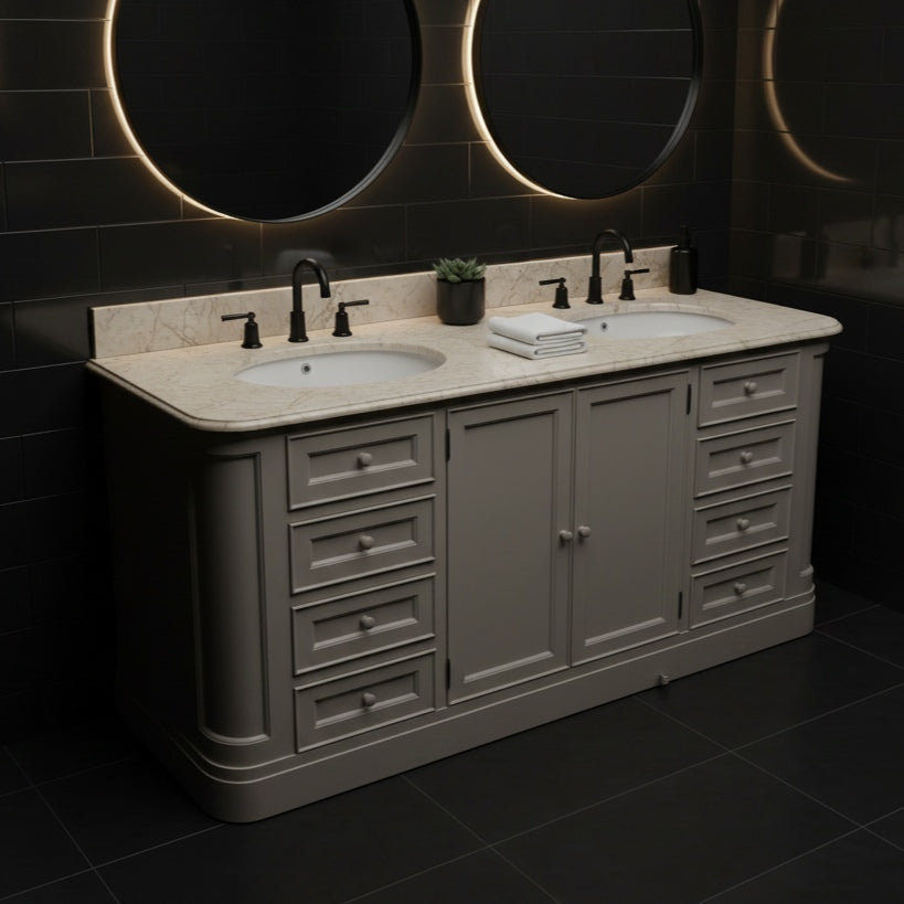 Bathroom vanity with double sink and illuminated mirrors in a darkly tiled bathroom.