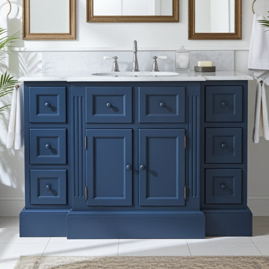Blue bathroom vanity with white countertop and mirrors in a bathroom setting.