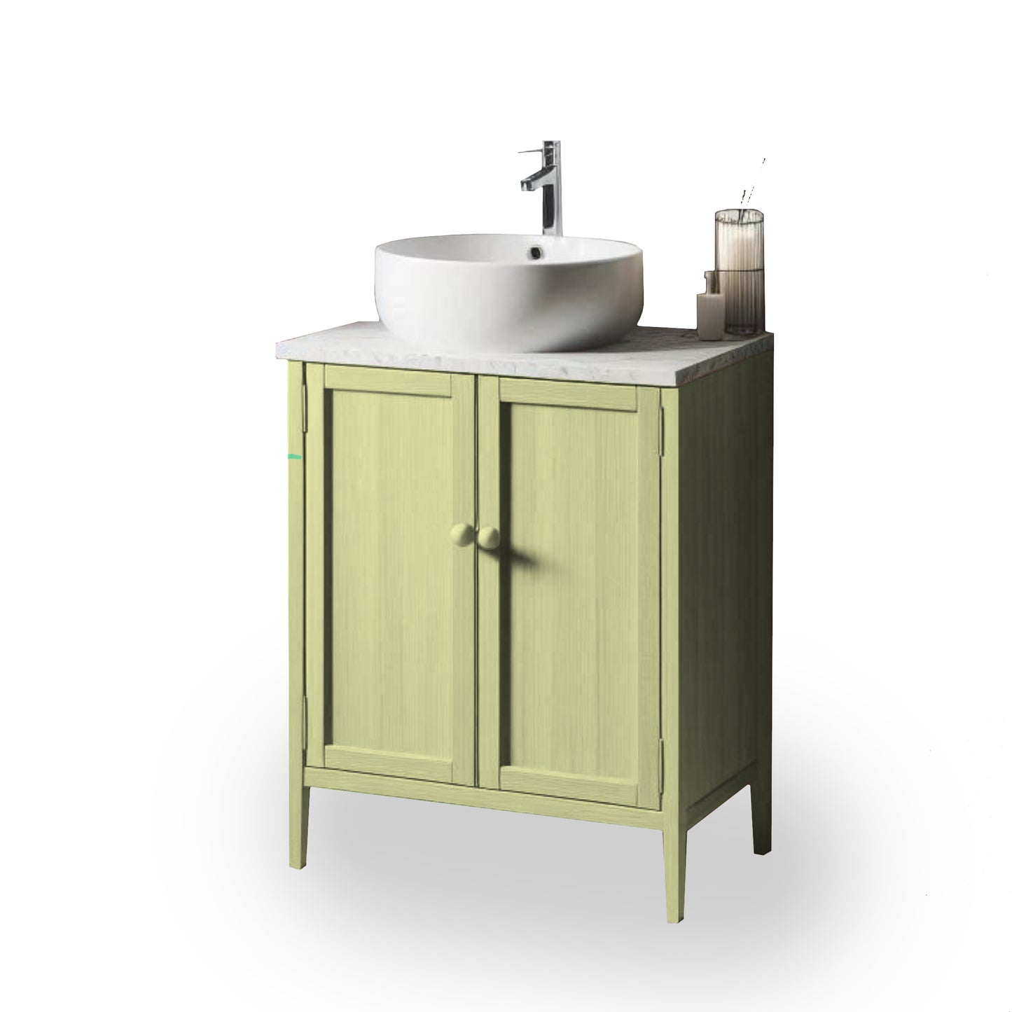 Green bathroom vanity with white sink and countertop on a white background