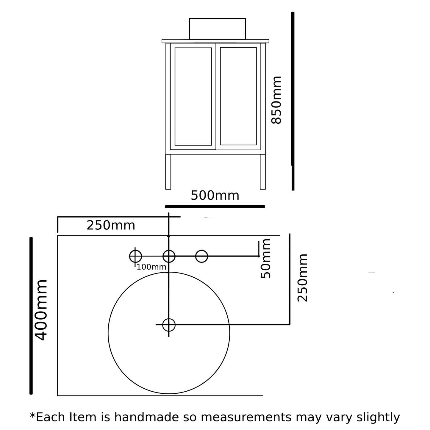 Dimensions of a cabinet and sink specs on a white background