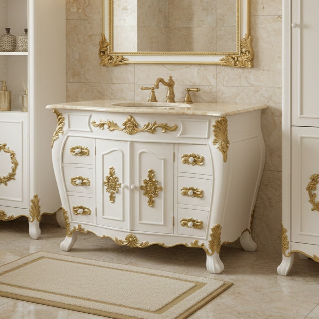 Decorative bathroom vanity with gold accents in a bathroom setting.