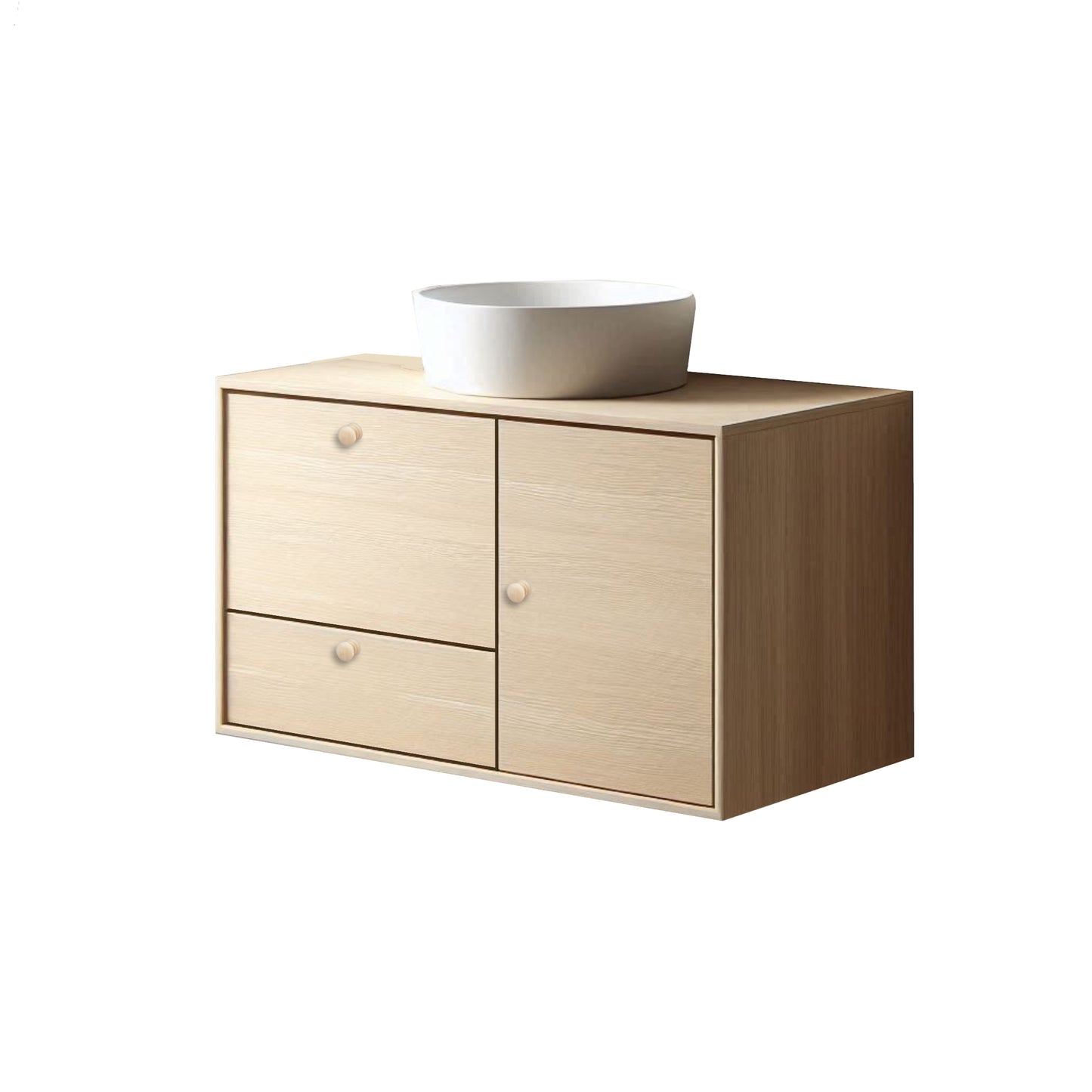 Wooden vanity with a white basin on a white background