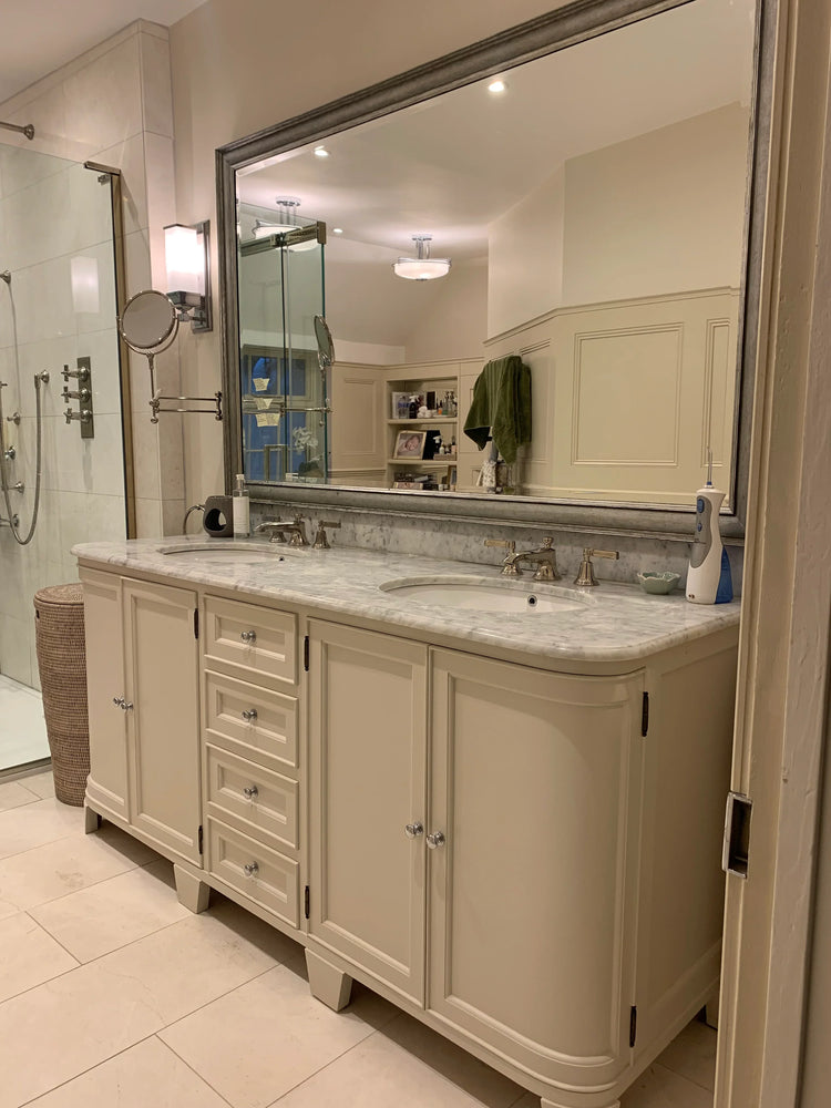 large bespoke double sink vanity unit with curver corners