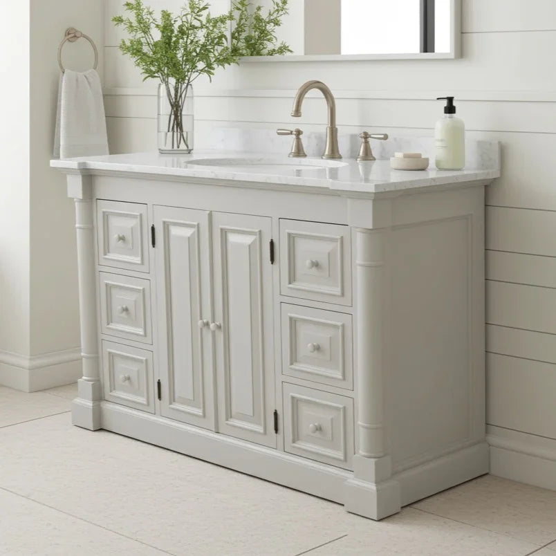 Bathroom vanity with sink, faucet, and decorative elements in a light-colored bathroom.