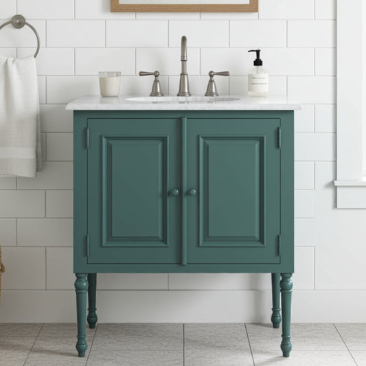 Teal bathroom vanity with white countertop and sink against a tiled wall.