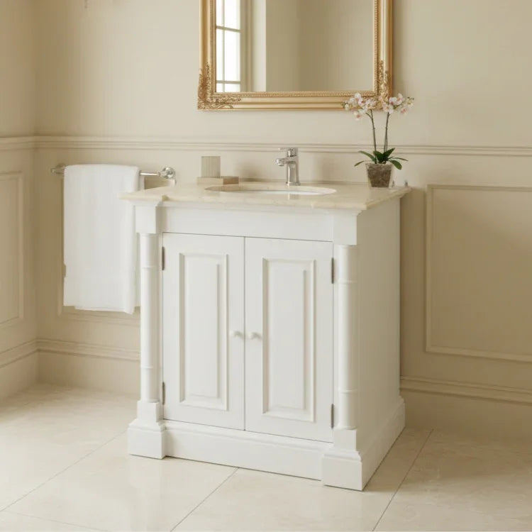 Bathroom vanity with sink and mirror in a beige-walled room