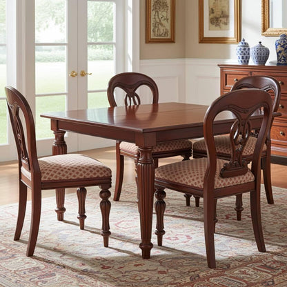 Wooden dining table with four chairs in a room with large windows and decorative elements.