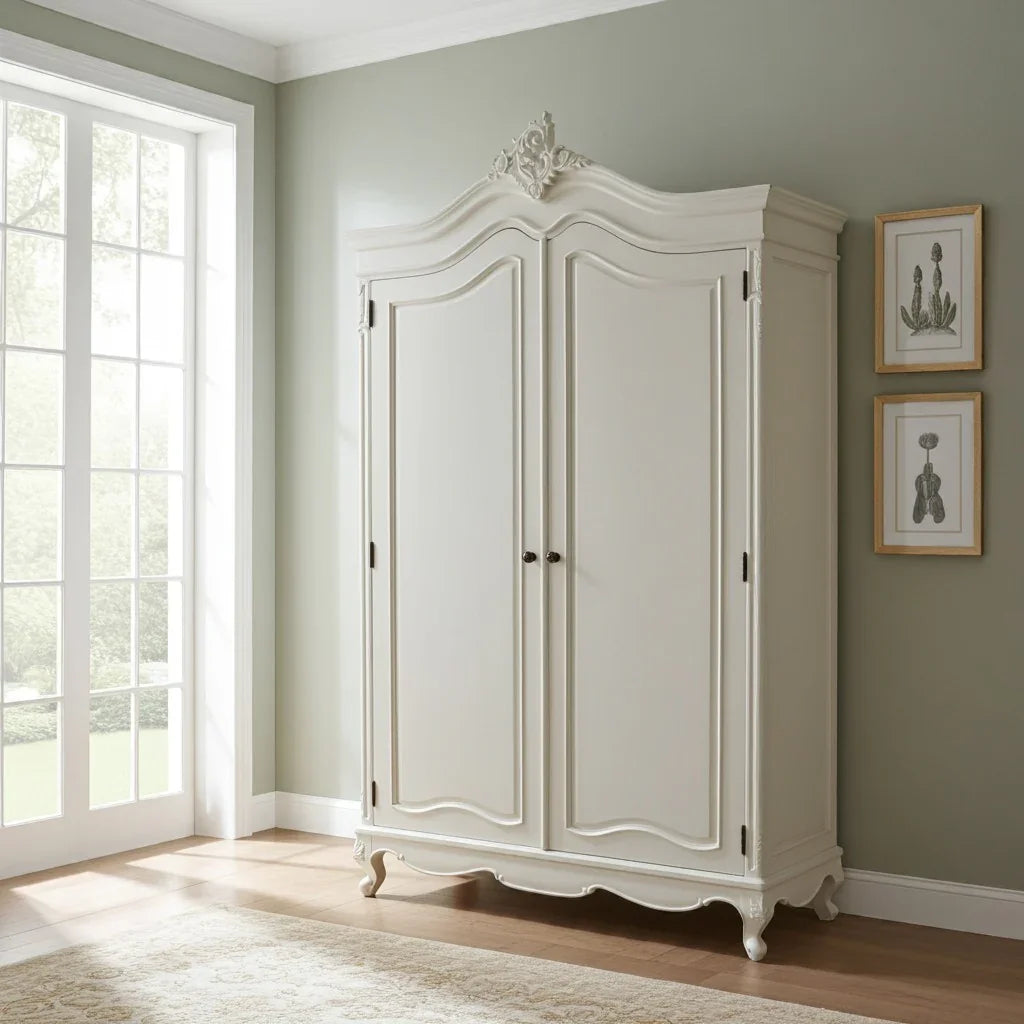 large, French style armoire wardrobe in simple bedroom setting