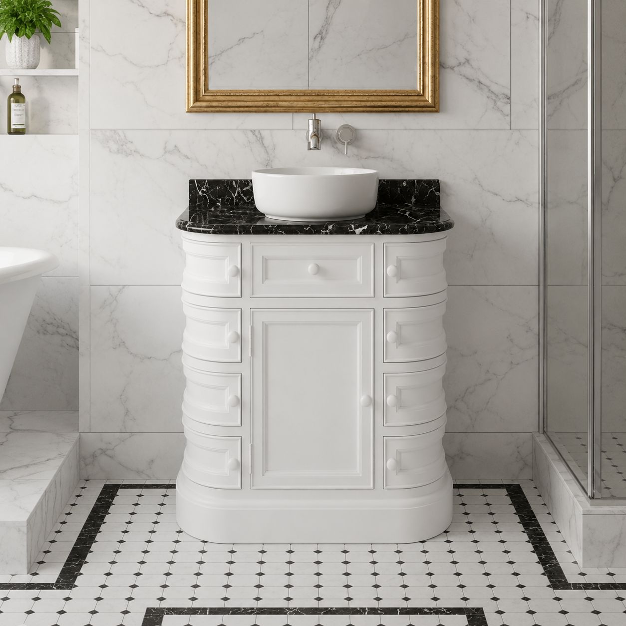 Bathroom vanity with black marble countertop and white sink against a marble wall.