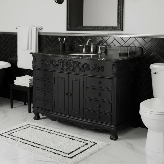 Black bathroom vanity with decorative elements in a bathroom setting.