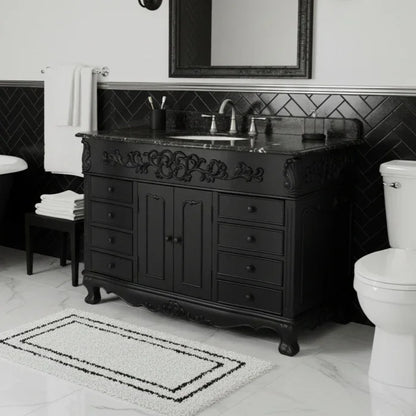 Black bathroom vanity with decorative elements in a bathroom setting.