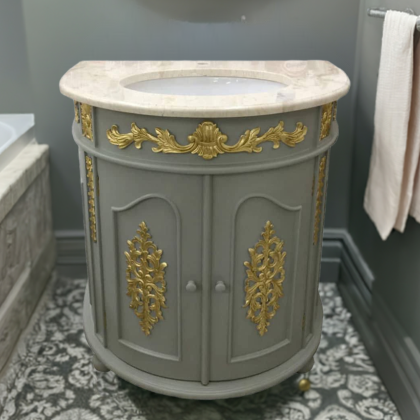 Demi Lune Carved Single Sink Vanity Unit with Marble Top (800mm)