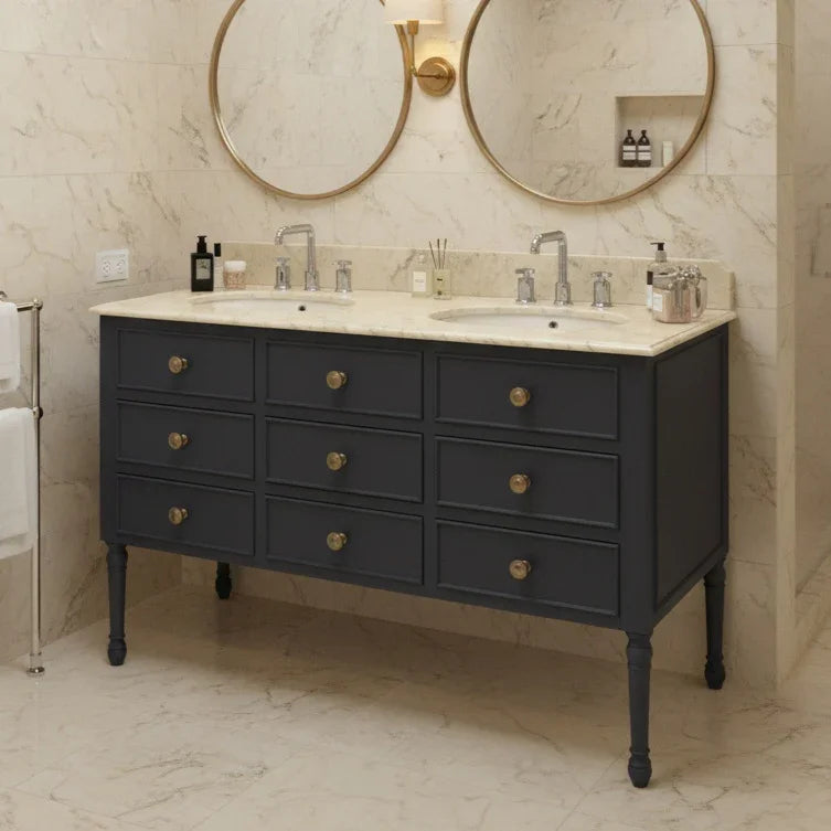 Bathroom vanity with two sinks, mirrors, and decorative elements.