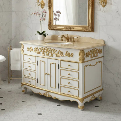 Decorative bathroom vanity with gold accents in a marble bathroom setting