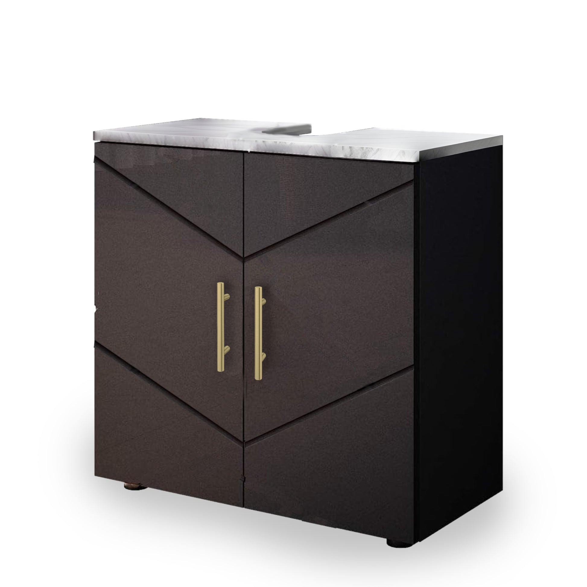 Black bathroom vanity with marble countertop on a white background