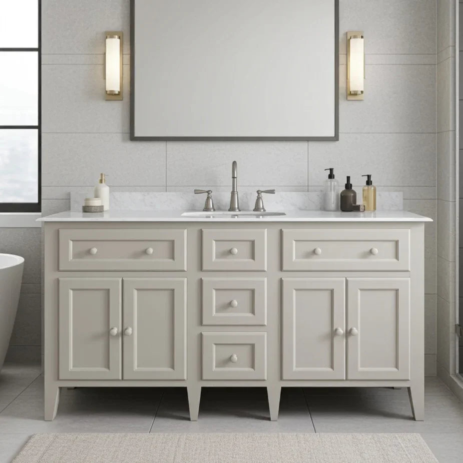 grey, country style bathroom vanity unit with white marble counter top in bathroom
