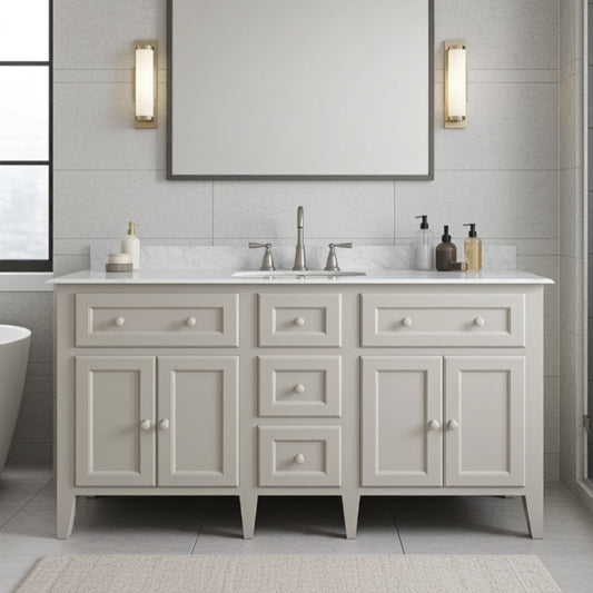grey, country style bathroom vanity unit with white marble counter top in bathroom