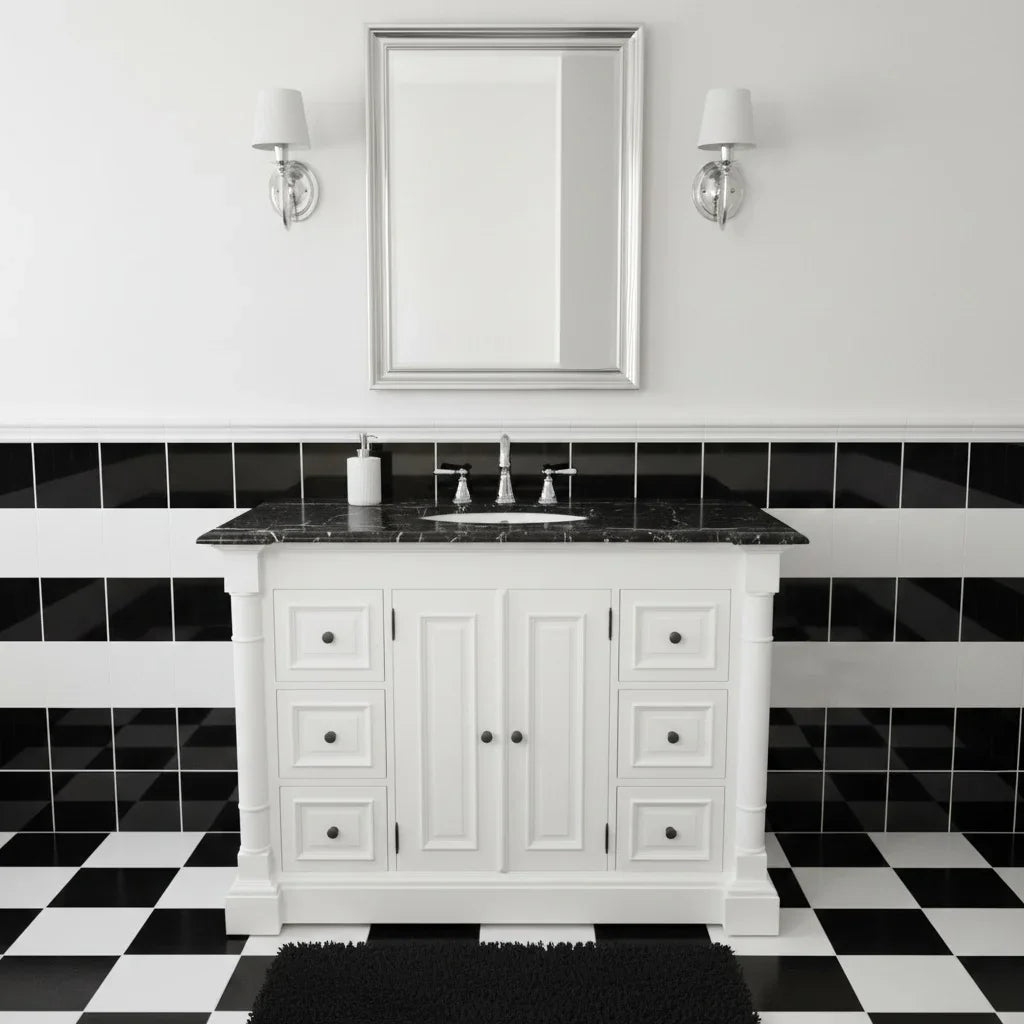 Bathroom with white vanity, black countertop, and black and white tiled floor.