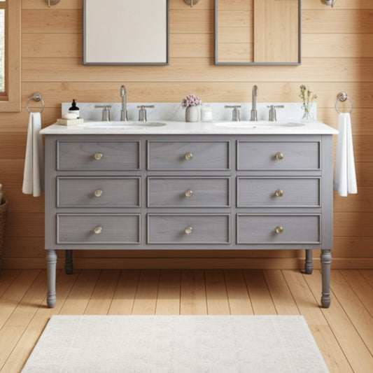 Gray vanity with white countertop in a bathroom setting