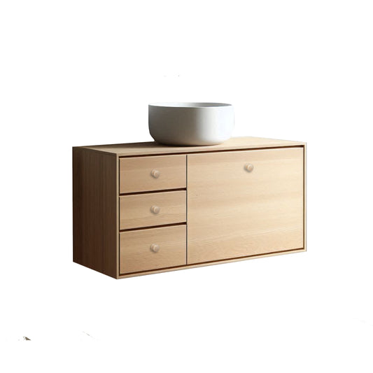 Wooden cabinet with a white basin on a white background