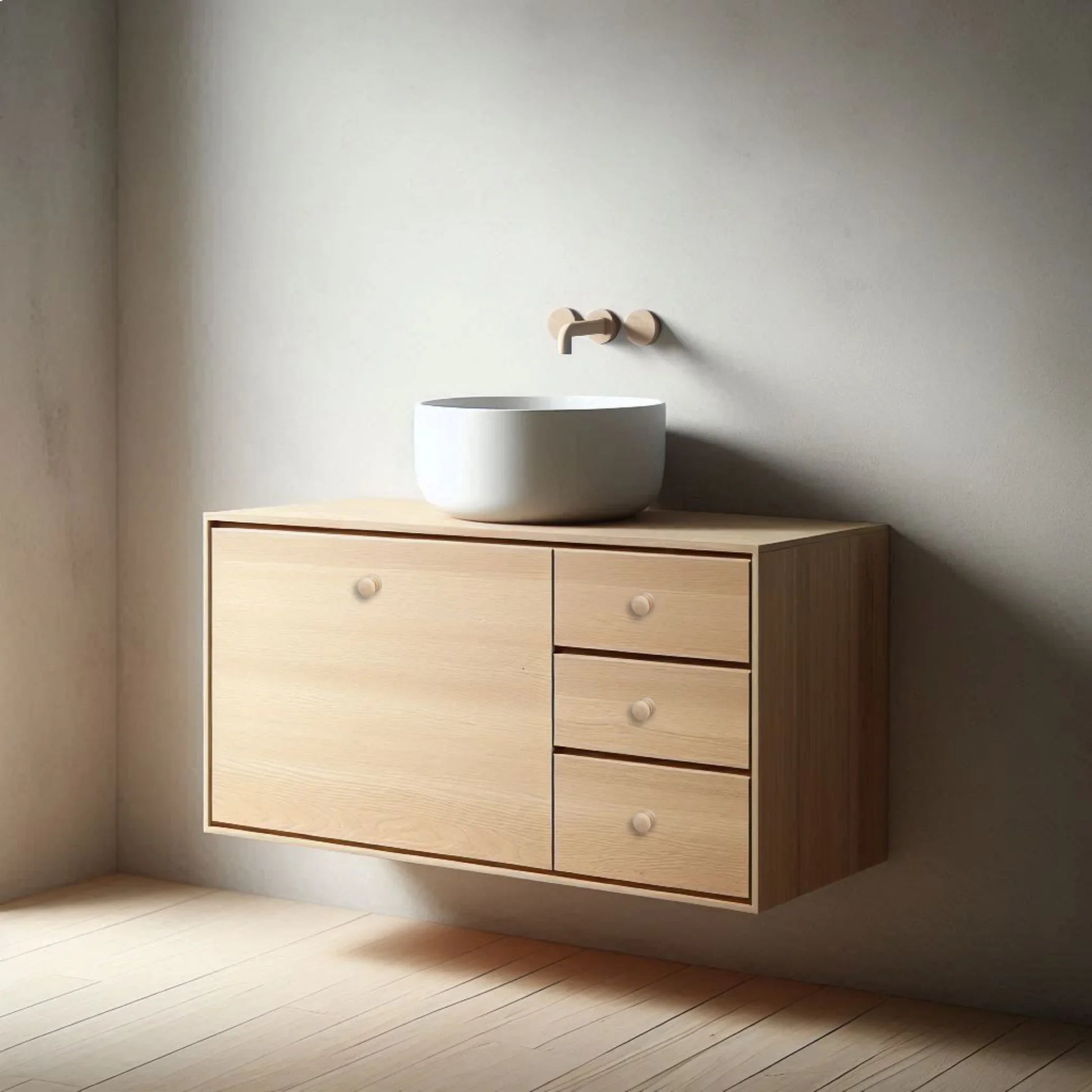 Wooden vanity with a white sink against a plain wall