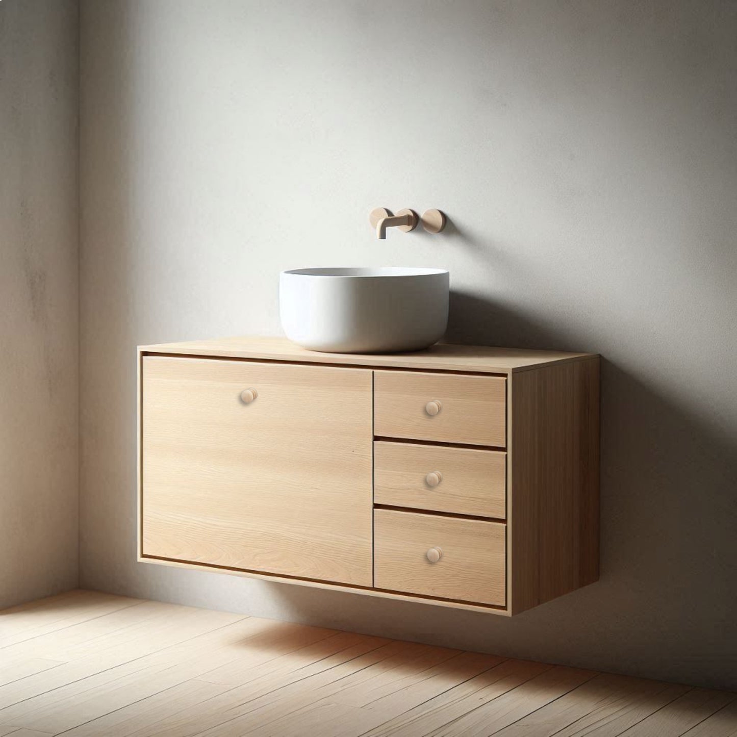 Wooden vanity with a white sink against a plain wall