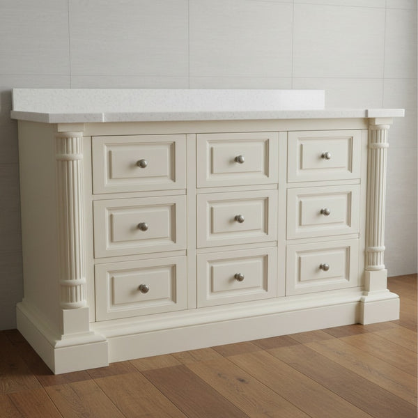 White wooden vanity with marble countertop on a wooden floor.
