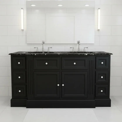 Black bathroom vanity with sink and mirror in a tiled bathroom