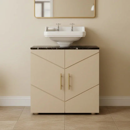 Beige bathroom cabinet with a white sink and mirror on a beige wall.