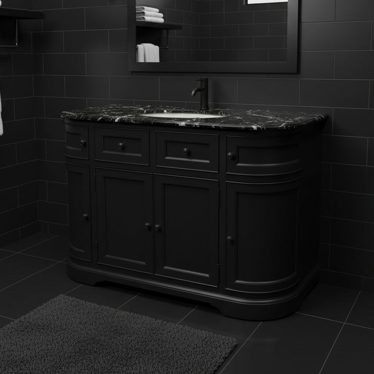 Black curved bathroom vanity unit with black marble counter top in dark bathroom
