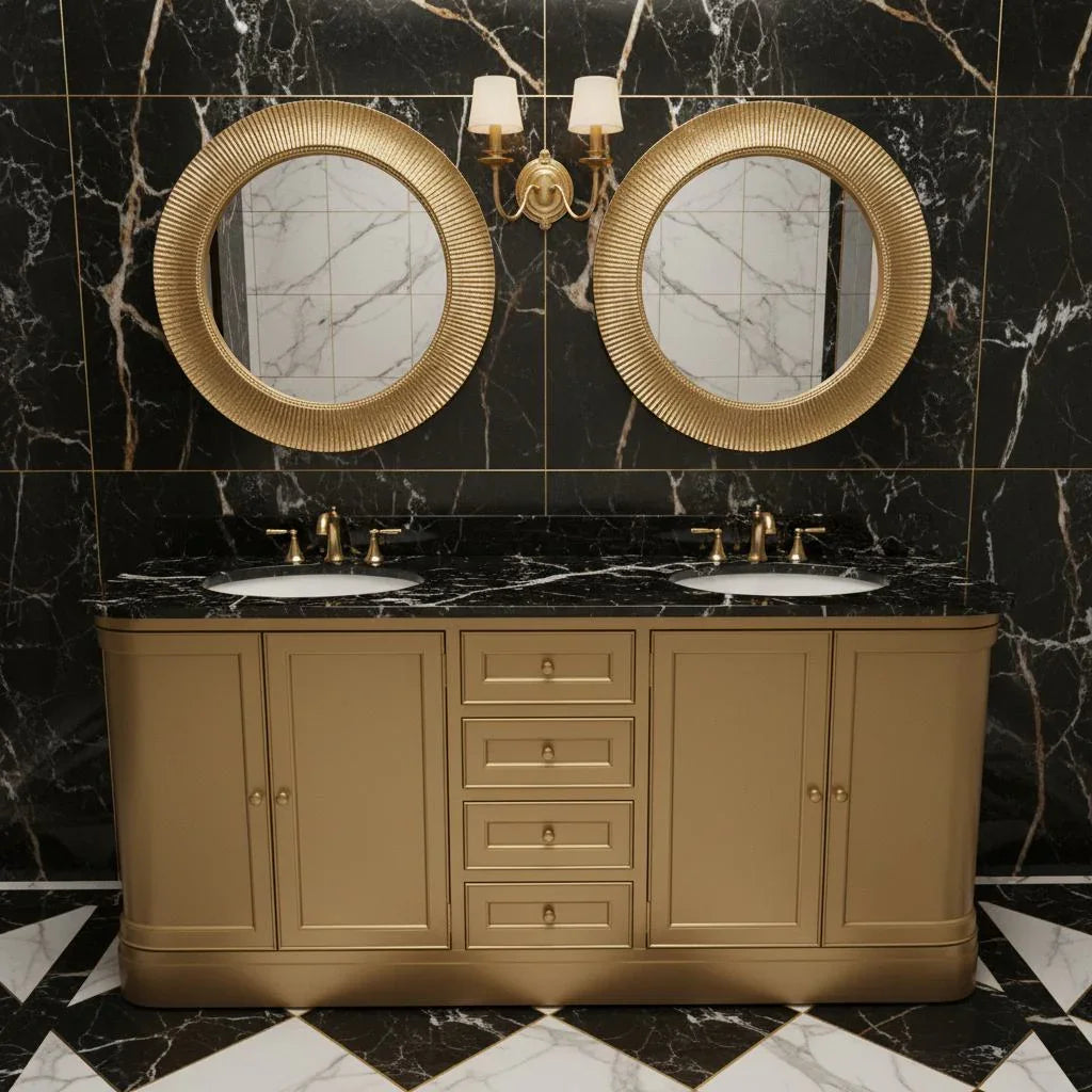 Bathroom vanity with gold fixtures and round mirrors against a marble wall.