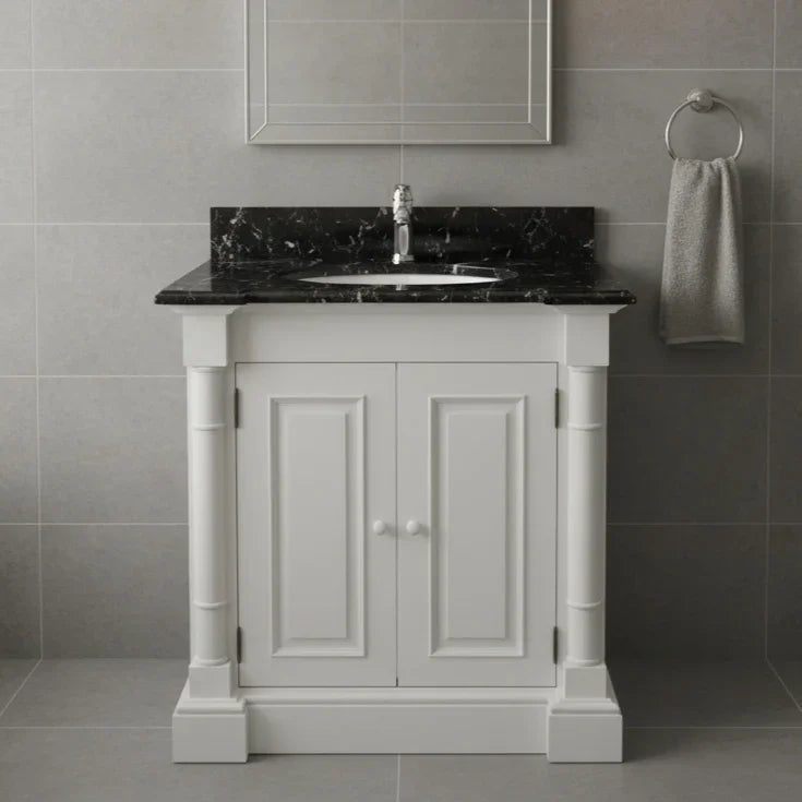 Bathroom vanity with black marble countertop and sink against gray tiled walls.
