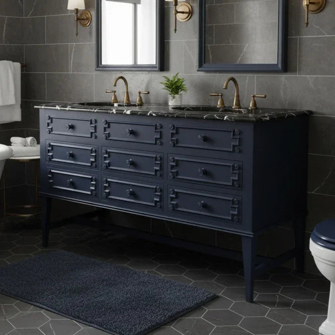 blue country style bathroom sink cabinet with black marble counter top