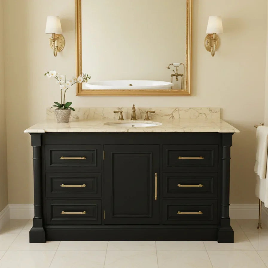 Bathroom vanity with marble countertop, sink, and gold fixtures against a beige wall.