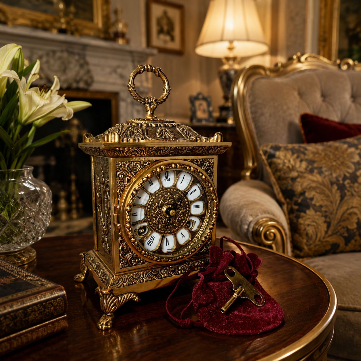 Decorative ornate clock on a table in an elegant room with flowers and a lamp.